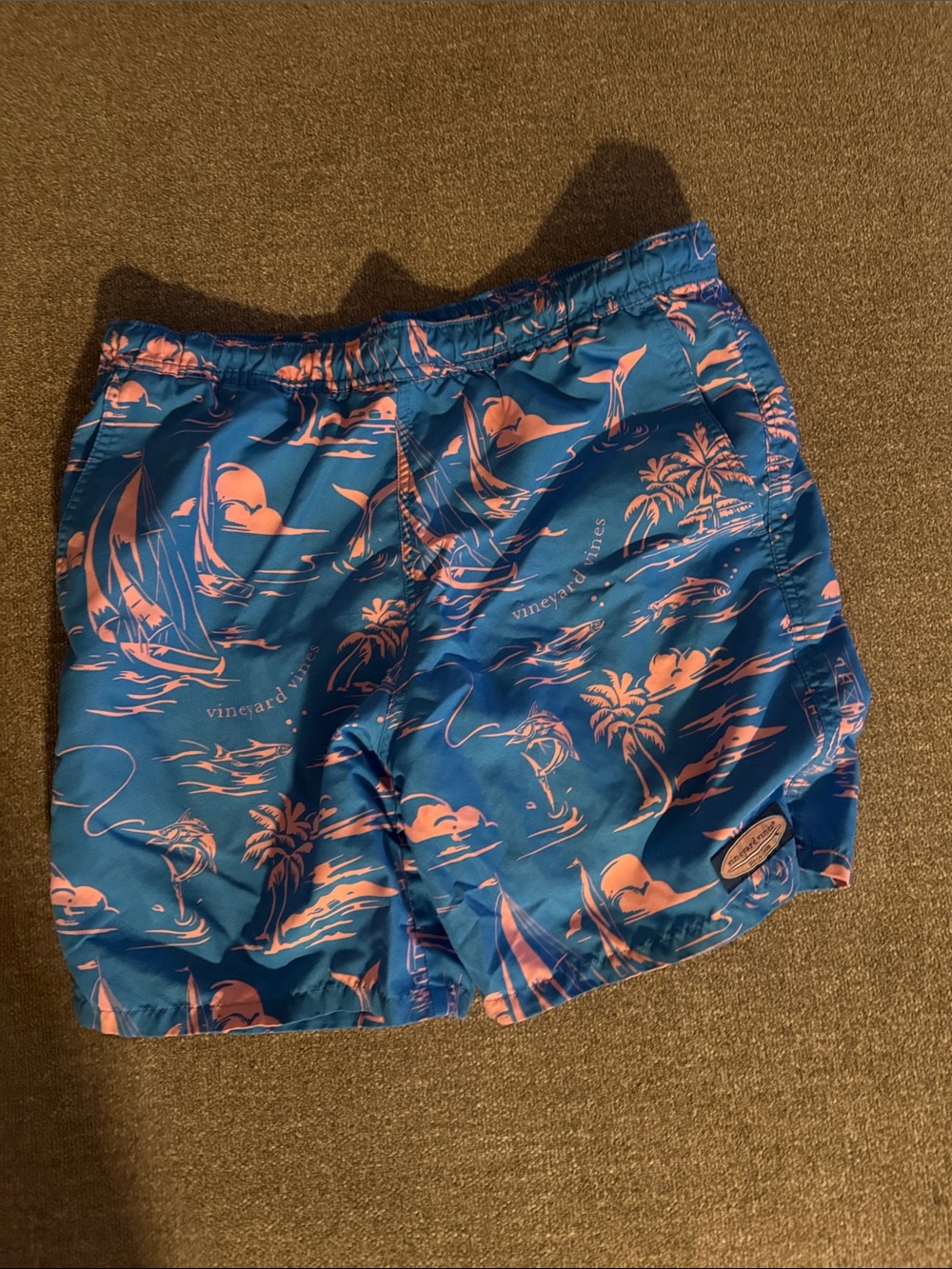Youth Vineyard Vines Teal Blue with Pink Tropical Sail Print Swim Shorts